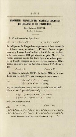 Propriétés nouvelles des diamètres conjugués de l'ellipse et de l'hyperbole.