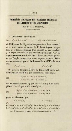 Propriétés nouvelles des diamètres conjugués de l'ellipse et de l'hyperbole.