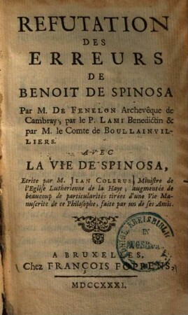 Refutation des erreurs de Benoit de Spinosa