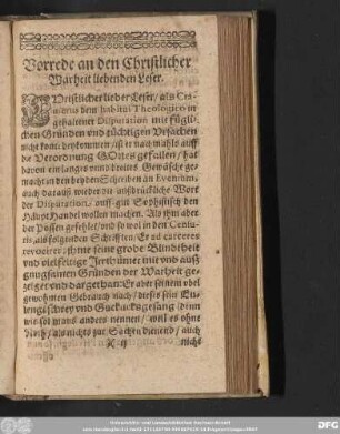 Vorrede an den Christlicher Warheit liebenden Leser.