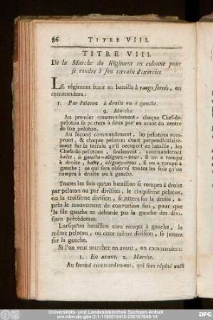 Titre VIII. De la Marche du Régiment en colonne pour se rendre à son d'exercice