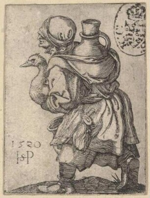 Gehende Bäuerin mit Gans und Krug