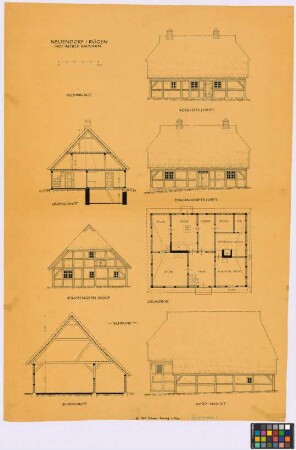 Neuendorf auf Rügen (Landkreis Rügen): Hof Alfred Radvarn. - Wohnhaus (West-Seiten-Ansicht, Querschnitt, Ost-Seiten-Ansicht, Nord-Straßen-Giebel-Ansicht, Grundriss). - Scheune (Querschnitt, Nord-Seiten-Ansicht)