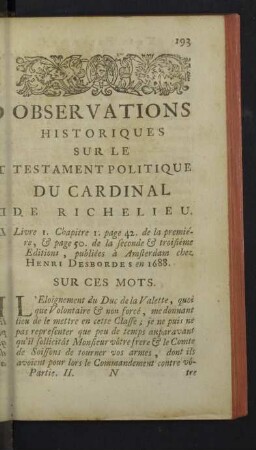 Observations historiques sur le testament politique du cardinal de Richelieu.