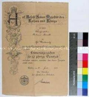 Verleihungsurkunde an den Weichensteller Andreas Arndt in Groß Wusterwitz für das Erinnerungszeichen für 25jährige Dienstzeit