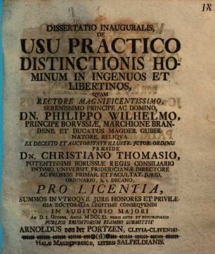 Dissertatio Inauguralis, De Usu Practico Distinctionis Hominum In Ingenuos Et Libertinos