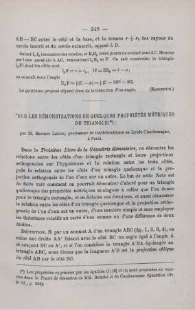 SUR LES DÉMONSTRATIONS DE QUELQUES PROPRIÉTÈS MÉTRIQUES DU TRIANGLE.