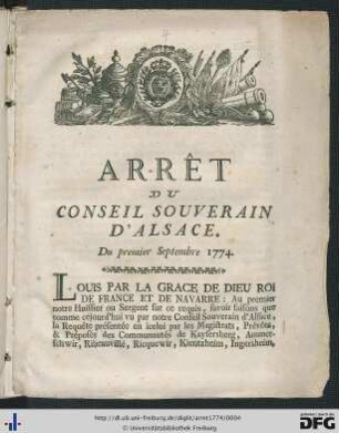 Arrêt Du Conseil Souverain D'Alsace.