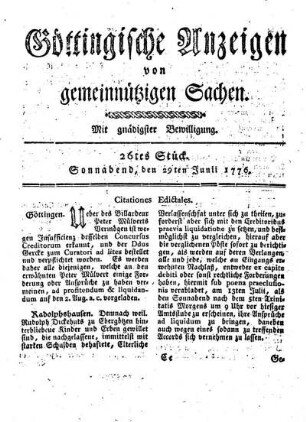 26tes Stück. Sonnabend, den 29ten Junii 1776.