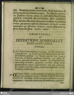 Observatio I. De Definitione Nominali Et Reali Sacrae Coenae