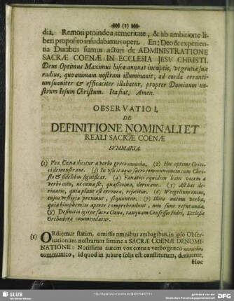 Observatio I. De Definitione Nominali Et Reali Sacrae Coenae