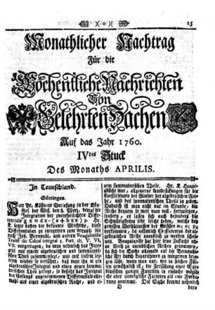 Monathlciher Nachtrag [...] IVtes Stuck Des Monaths Aprilis