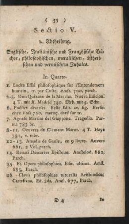 Secio V. 2. Abtheilung. Englische, Italiänische und Französisöche Bücher, philosophischen, moralischen, ästhetischen und vermischten Inhalts