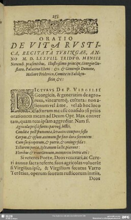 Oratio De Vita Rustica, Recitata Tubingae, Anno M. D. LXXVIII. Triduo. Mensis Novemb. praesentibus, Illustrißimo principe, Georgio Gustavo, Palatino Rheni : &c. & Generoso Domino, Meliore Friderico, Comite in Falckensein &c: