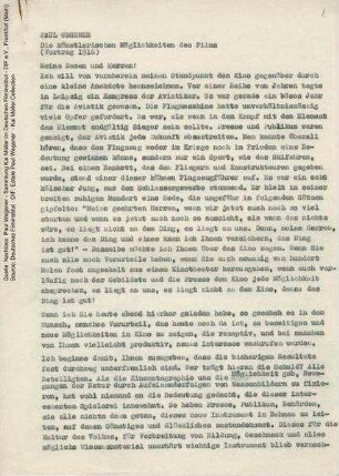 Die künstlerischen Möglichkeiten des Films . Vortrag, 1916