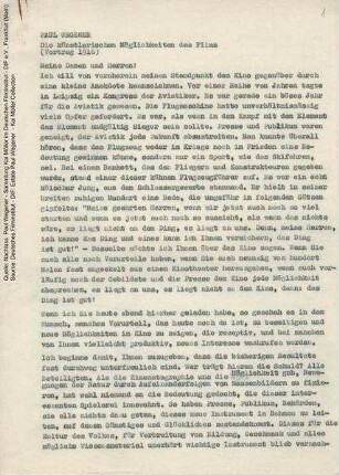 Die künstlerischen Möglichkeiten des Films . Vortrag, 1916
