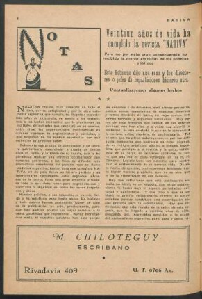 Notas : Veintiun años de vida ha cumplido la revista "Nativa"