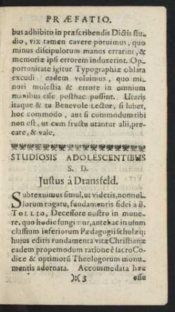 Studiosis Adolescentibus S. D. Justus à Dransfeld.