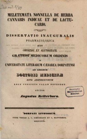 Meletemata nonnulla de herba cannabis Indicae et de lactucario : (Diss. inaug.)