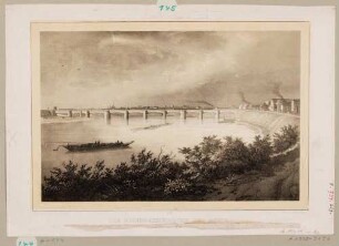 Die Eisenbahnbrücke bei Riesa in Sachsen von Norden über die Elbe gesehen, aus dem Buch "Elbstrom" von Münnich 1845
