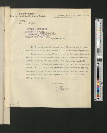 Brief der Oberschulbehörde an die StB Hamburg, Hamburg