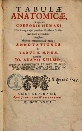 Tabulae Anatomicae : In quibus Corporis Humani Omniumque ejus partium structura & usus Brevissimé explicantur ; Accesserunt perspicuitatis causâ : Annotationes Et Tabulae Aeneae
