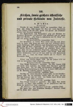 XIII. Kirchen, sowie größere öffentliche und private Gebäude von Interesse.