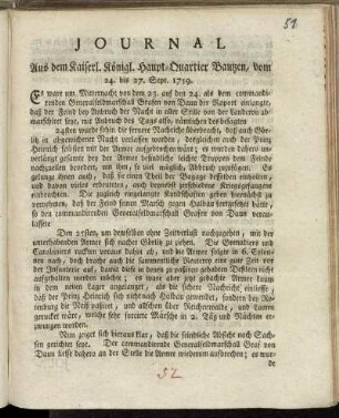 Journal Aus dem kaiserl. Königl. Haupt-Quartier Bautzen, vom 24. bis 27. Sept. 1759.