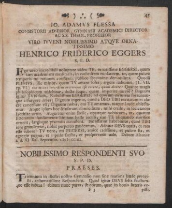 Noblissimo Respondenti Suo S.P.D. Praeses