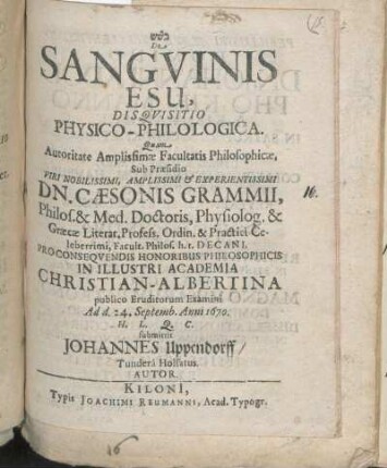 De Sangvinis Esu, Disqvisitio Physico-Philologica