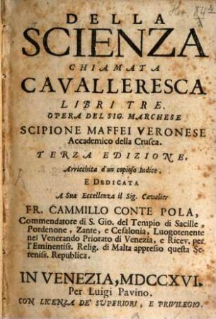 Della Scienza chiamata Cavalleresca libri III