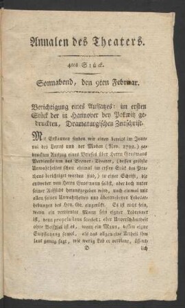 4tes Stück. Sonnabend, den 9ten Februar