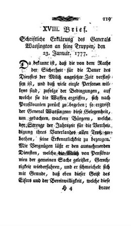 XVIII. Brief - Schriftliche Erklärung des Generals Wassington an seine Truppen