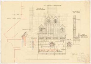 Kirche mit Innenausstattung und Pfarrhaus, Schlesiengrube: Ansichten und Details der Seitenkapelle am Kreuzschiffgiebel
