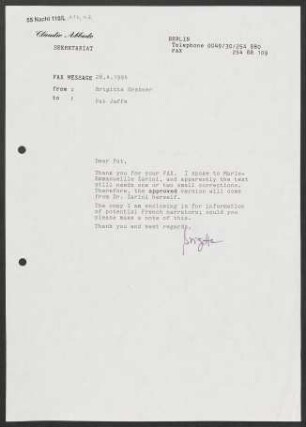 Brief an Pat Jaffe, 28.04.1994