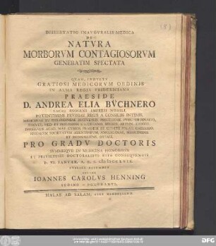 Dissertatio Inavgvralis Medica De Natvra Morborvm Contagiosorum Generatim Spectata