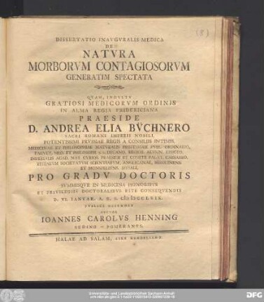 Dissertatio Inavgvralis Medica De Natvra Morborvm Contagiosorum Generatim Spectata