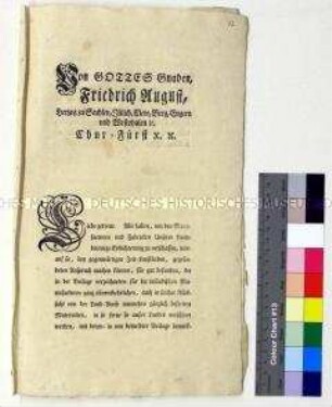 Verordnung von Friedrich August III. Kurfürst von Sachsen betreffend die Landsteuerbefreiung für bestimmte inländische Waren zwecks Stärkung der heimischen Manufakturen und Fabriken