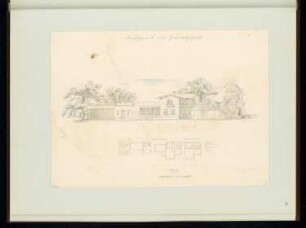 Dorfschmiede mit Gastwirtschaft Monatskonkurrenz November 1851: Grundriss Erdgeschoss, Aufriss; 2 Maßstabsleisten, Raumplan