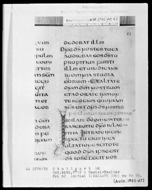 Lateinischer Psalter in Unzialschrift, 3 Bände — Initiale I(ubilate), Folio 62recto