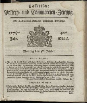 40tes Stueck, Montag den 5ten October. 1778