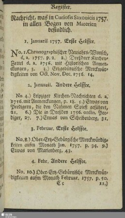 Nachricht, was in Curiosis Saxonicis 1757 in allen Bogen von Materien befindlich