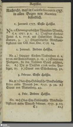 Nachricht, was in Curiosis Saxonicis 1757 in allen Bogen von Materien befindlich