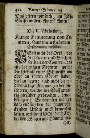 Die II. Abtheilung. Kurtze Erinnerung von Cometen, samt einem Gebet bey Erscheinung derselben.