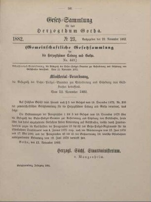 23. Ministerial-Verordnung, die Befugniß der Bahnpolizei-Beamten zur Anforderung und Erhebung von Geldstrafen betreffend. Vom 12. November 1882