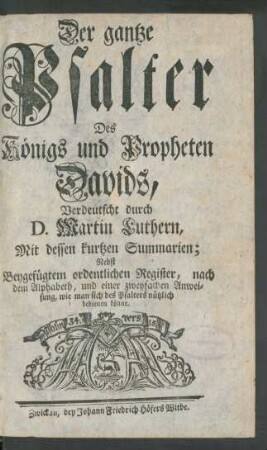 Der gantze Psalter Des Königs und Propheten Davids