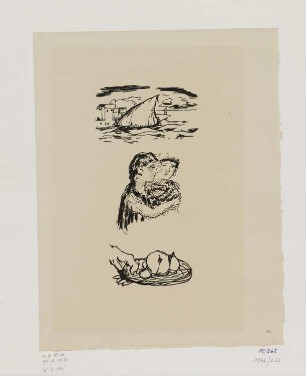 Hafen mit Segelschiff, zwei Frauen, Platte mit Obst (3 Holszstiche auf einem Blatt), Blatt 6 der Folge: "Leben der heiligen Monique"