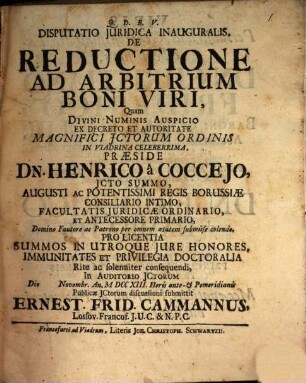 Disputatio Juridica Inauguralis De Reductione Ad Arbitrium Boni Viri
