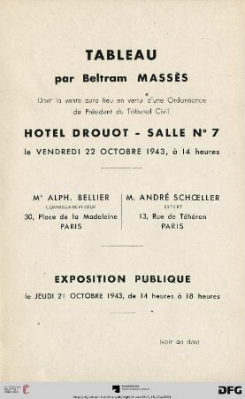 Tableaux modernes : aquarelles, gouaches, dessins, pastels par Adrion, Angrand ... Ziem ; dont la vente aux enchères publiques aura lieu à Paris, Hôtel Drouot le vendredi 22 octobre 1943