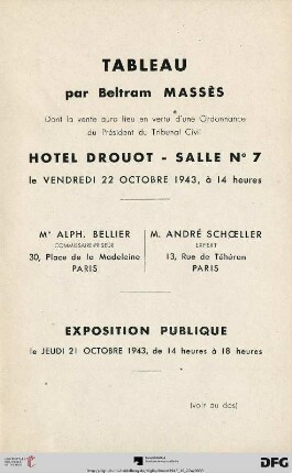 Tableaux modernes : aquarelles, gouaches, dessins, pastels par Adrion, Angrand ... Ziem ; dont la vente aux enchères publiques aura lieu à Paris, Hôtel Drouot le vendredi 22 octobre 1943